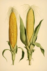 Two cobs of corn, comparative illustration uniform background. Corn as a dish of thanksgiving for the harvest.
