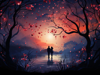 Silhouetted couple in a mystical forest with heart-shaped leaves and sunset. Fantasy concept. Generative AI