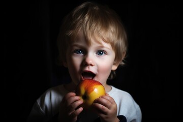 Fototapeta na wymiar portrait of a little boy holding an apple in front of his mouth