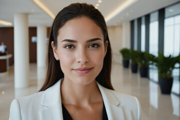 female young age latin hotel receptionist or manager standing in lobby with reception. welcoming guests, offering services or checkin. tourism and travel concept.