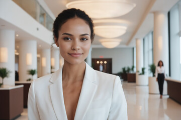 female young age multiracial hotel receptionist or manager standing in lobby with reception. welcoming guests, offering services or checkin. tourism and travel concept.
