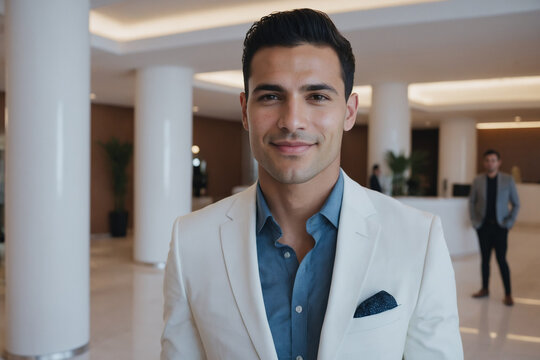 male young age hispanic hotel receptionist or manager standing in lobby with reception. welcoming guests, offering services or checkin. tourism and travel concept.
