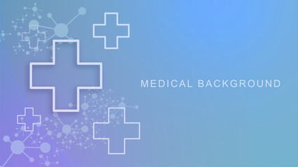 Medical cross with molecular structure on blue background. Innovation medicine, health care, medical and science design concept.