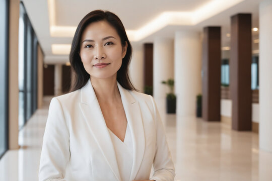 female middle age southeast asian hotel receptionist or manager standing in lobby with reception. welcoming guests, offering services or checkin. tourism and travel concept.