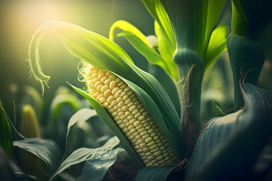 Yellow corn cob in corn field green stalk leaves. Corn as a dish of thanksgiving for the harvest, a picture on a white isolated background.