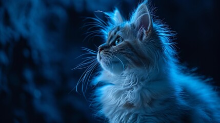 A fluffy Ragdoll kitten with neon hues against a deep indigo background, embodying feline grace and...