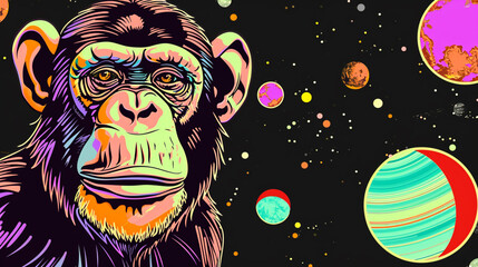 Wow pop art monkey face. Planets in space colorful background. Fantasy pop art