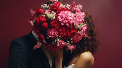 Couple hidden behind a bouquet of vivid flowers on a deep red background. Mystery and romance concept. Generative AI
