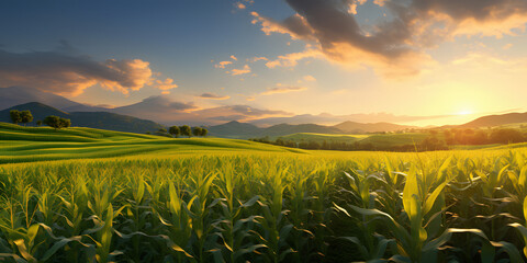 Photo on stretching corn field of meadows, trees, mountains, sunset or sunrise. Corn as a dish of thanksgiving for the harvest. - obrazy, fototapety, plakaty