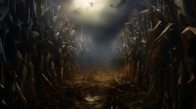 Dark, withered, destroyed, abandoned corn field at night. Corn as a dish of thanksgiving for the harvest.