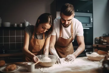 Fotobehang cropped shot of a man and woman baking together at home © Sergey