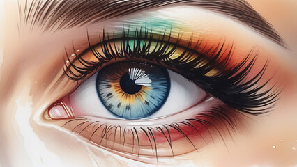 painted eye, watercolor, close-up, with multicolored shadows, blue pupil with brown - obrazy, fototapety, plakaty