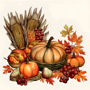Pumpkins, leaves, grapes, corn. Corn as a dish of thanksgiving for the harvest, a picture on a white isolated background.