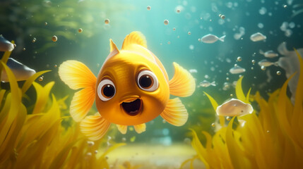 Fototapeta na wymiar Goldfish hiding underwater in seaweed. Adventures of little funny fish with big eyes in the deep ocean. Underwater caustics in the sand