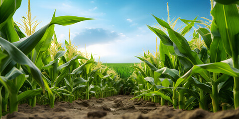 Path in the middle, fields, corn, sky on top., banner with space for your own content. Blurred background.