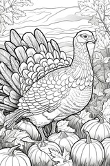 Fototapeta na wymiar Coloring book black and white turkey standing on pumpkins around the leaves. Turkey as the main dish of thanksgiving for the harvest.
