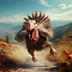 A big, frightened 3D turkey in flight in a clearing. Close-up view. Turkey as the main dish of thanksgiving for the harvest. - obrazy, fototapety, plakaty