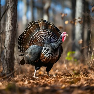 Big turkey in the woods. Turkey as the main dish of thanksgiving for the harvest.