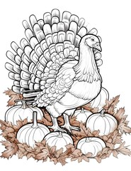 Fototapeta na wymiar Black and White coloring book large turkey with feathers around pumpkins and leaves. Turkey as the main dish of thanksgiving for the harvest.