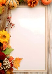 Frame with flowers, pumpkins and leaves on a light background.