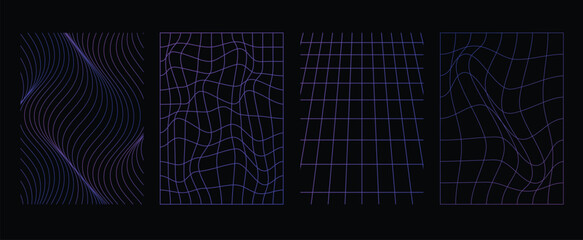 Collection of futuristic cyberpunk style elements. Geometric wireframe of square, distortion, grid with purple, blue color. Retro graphic on black background for decoration, business, cover, poster.