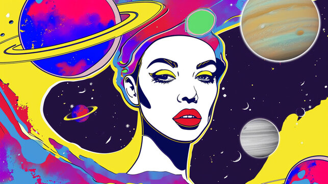 Wow pop art woman face. Planets in space colorful background. Fantasy pop art