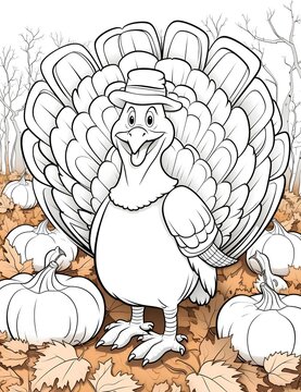 Black and White coloring book funny cartoon turkey with hat around leaves and pumpkins. Turkey as the main dish of thanksgiving for the harvest.