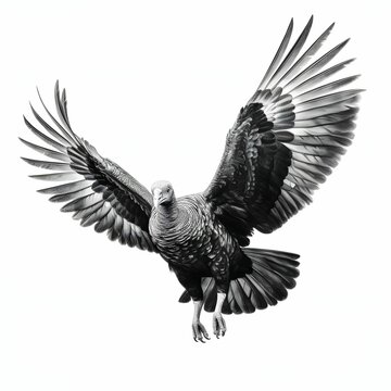 Black and white turkey in flight with wings spread. Turkey as the main dish of thanksgiving for the harvest, picture on a white isolated background.