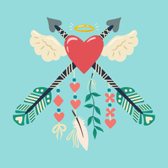A flying heart with angel wings, a halo and arrows. Illustration for Valentine's day. Cute romantic illustration. Cartoon style. Design element for a greeting card, invitation, print and sticker.	