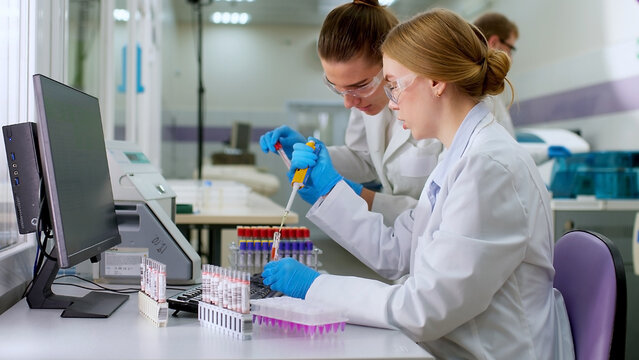 Modern loborothyria. The scientist examines the test tubes and takes notes. Organized test tubes with scientific samples and substances in them, intended for scientific research.