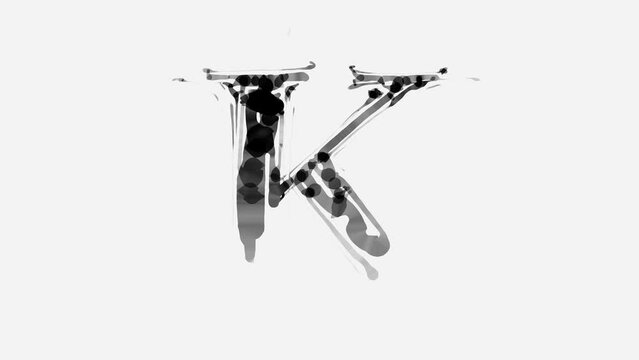Letter K. Handwritten black and white time lapse drawing - animation of writing an alphabet symbol with a brush in black on a white background