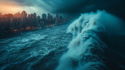 a huge storm surge with a deadly tidal wave is racing towards a large city - obrazy, fototapety, plakaty