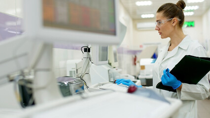 A female scientist controls the operation of devices for laboratory research. Modern laboratory technologies. Medical research centrifuge. - obrazy, fototapety, plakaty