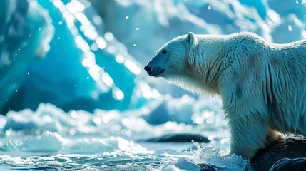 Foto op Plexiglas A magnificent polar bear against a pristine icy blue background, blending into its habitat. © Animal Amigos