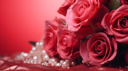Bouquet of beautiful rose flowers on red background. Valentine's Day celebration