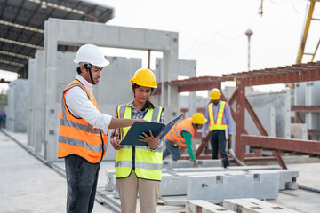 Asian male and female civil engineers wearing vest and helmet safety discussing on document at...