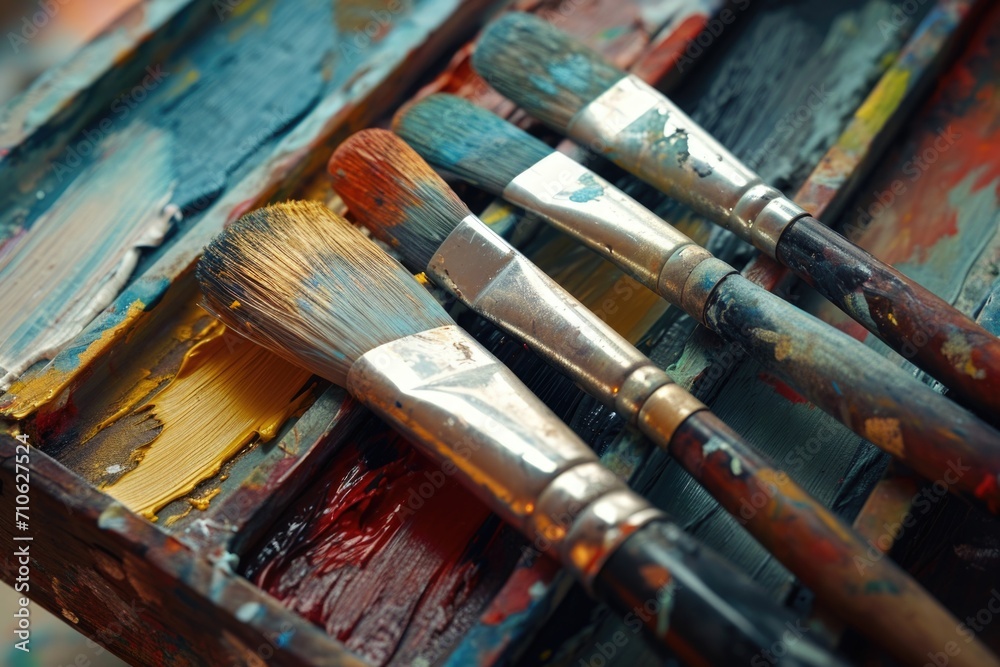 Poster paint brushes neatly arranged in a wooden box. ideal for art and craft projects