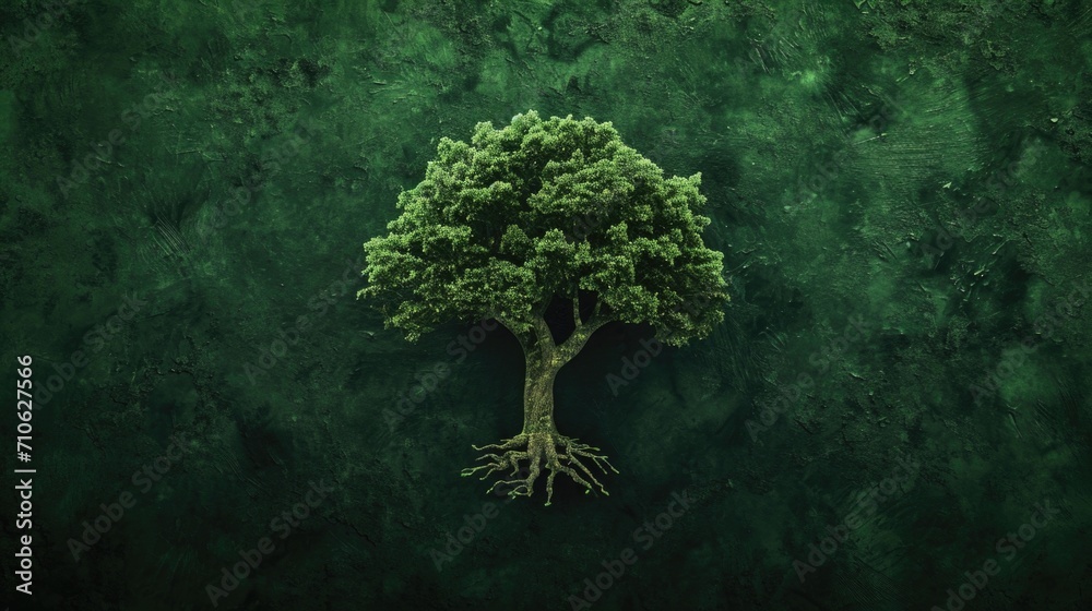 Poster a green tree with visible roots on a green background. suitable for nature, environment, and growth-