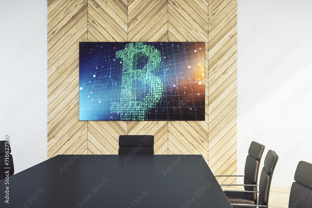 Poster creative bitcoin concept on tv display in a modern presentation room. 3d rendering