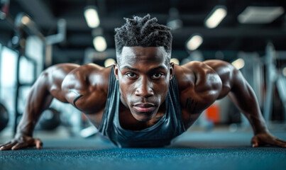 Focused African American man performing a push-up, demonstrating strength and endurance in a modern gym setting, with an intense and determined expression