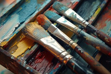 Paint brushes neatly arranged in a wooden box. Ideal for art and craft projects