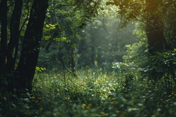 Sunlight filtering through the trees in a peaceful forest. Ideal for nature and outdoor-themed designs