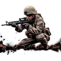 Sniper mercenary with a rifle aims at the enemy on Transparent background PNG