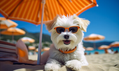 Fototapeta premium Adorable white fluffy dog lounging under an orange striped umbrella on a sandy beach, wearing sunglasses, epitomizing summer chill and vacation vibes