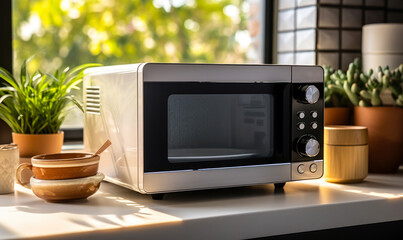 Modern microwave oven on kitchen countertop with digital display showing time, surrounded by warm morning sunlight and homey kitchenware - obrazy, fototapety, plakaty