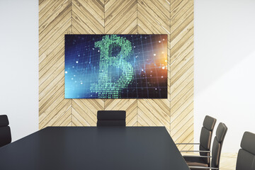 Creative Bitcoin concept on tv display in a modern presentation room. 3D Rendering
