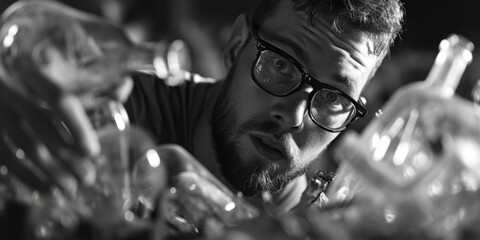 A man wearing glasses is observing a collection of empty wine bottles. This image can be used to depict wine tasting, alcohol consumption, or recycling themes