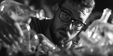 Foto op Plexiglas A man wearing glasses is observing a collection of empty wine bottles. This image can be used to depict wine tasting, alcohol consumption, or recycling themes © Fotograf