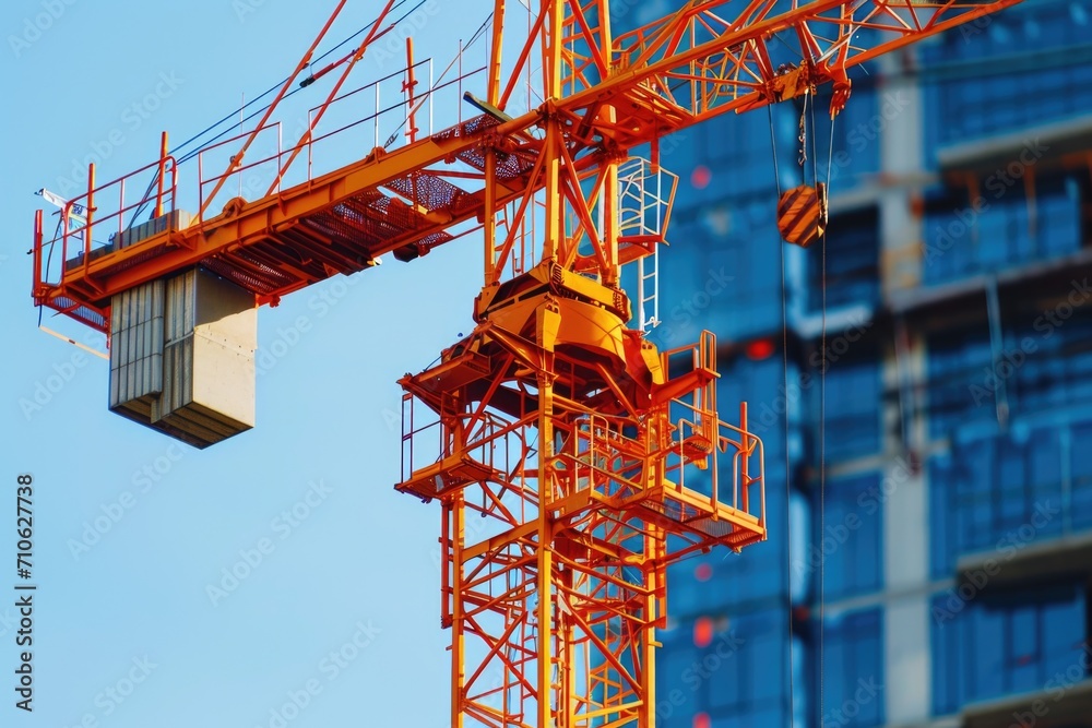 Poster a large crane positioned in front of a tall building. suitable for construction and urban developmen