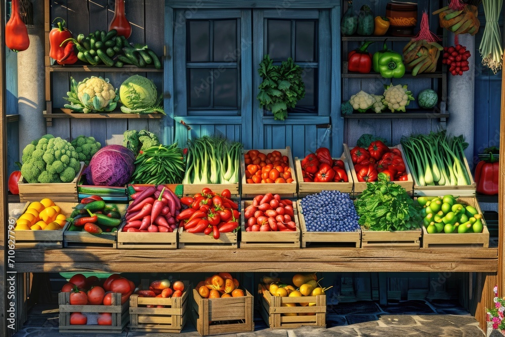 Poster a picture showing a colorful fruit and vegetable stand positioned in front of a charming blue door. 
